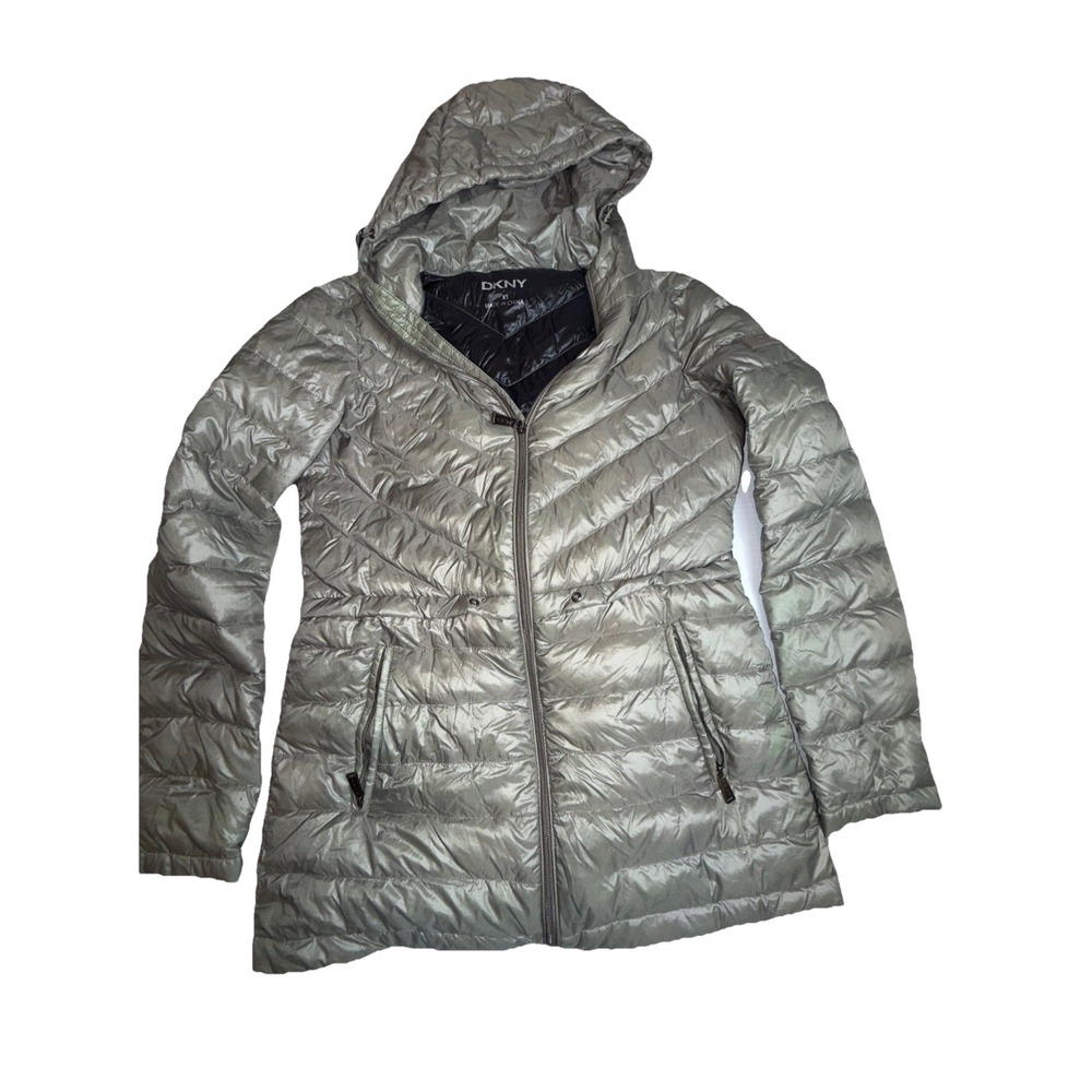 DKNY Women's Down Puffer Jacket XS Metallic Green Hooded Warm Winter Coat